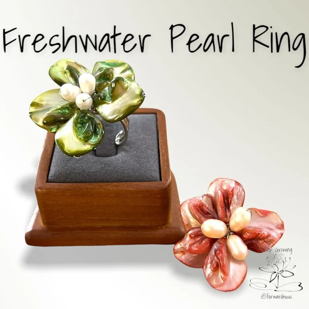 Elegant Freshwater Pearl & Shell Adjustable Statement Rings Set